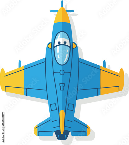 A colorful, stylized top-down illustration of a blue and yellow jet aircraft or fighter plane, featuring a propeller and a windshield with eyes.