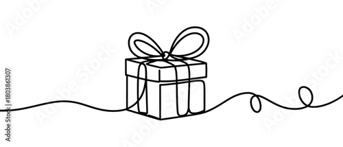 A simple line drawing depicts a wrapped gift box with a bow, symbolizing celebration and giving.