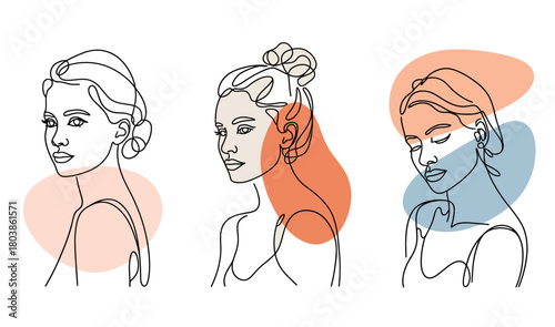 Three minimalist line art portraits of women's faces with abstract color blobs in peach and blue.