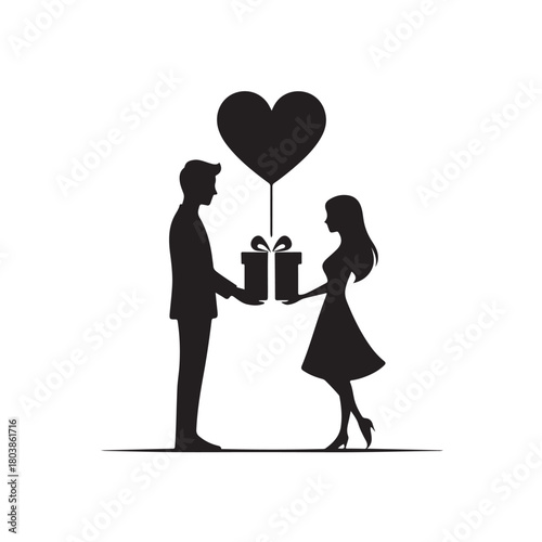 Couple exchanging a gift silhouette