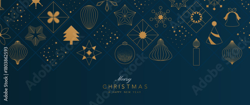 Christmas ornaments vector background with gold decorative elements and dark navy tones — elegant festive design for greeting cards, posters and digital media.