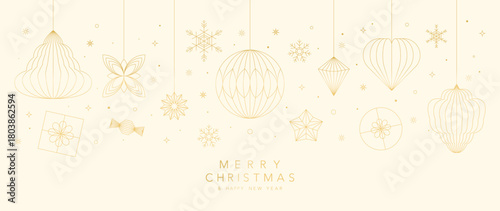 Christmas ornaments vector background with gold hanging elements and soft cream tones — elegant festive design for greeting cards, posters and digital media.