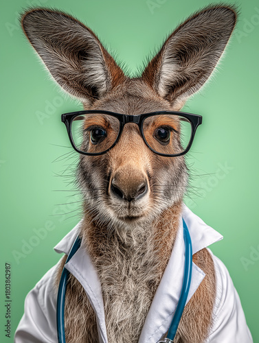 Wallpaper Mural Kangaroo doctor wearing glasses in a lab coat performs a checkup in a clinic. Studio lighting highlights the stethoscope. Torontodigital.ca