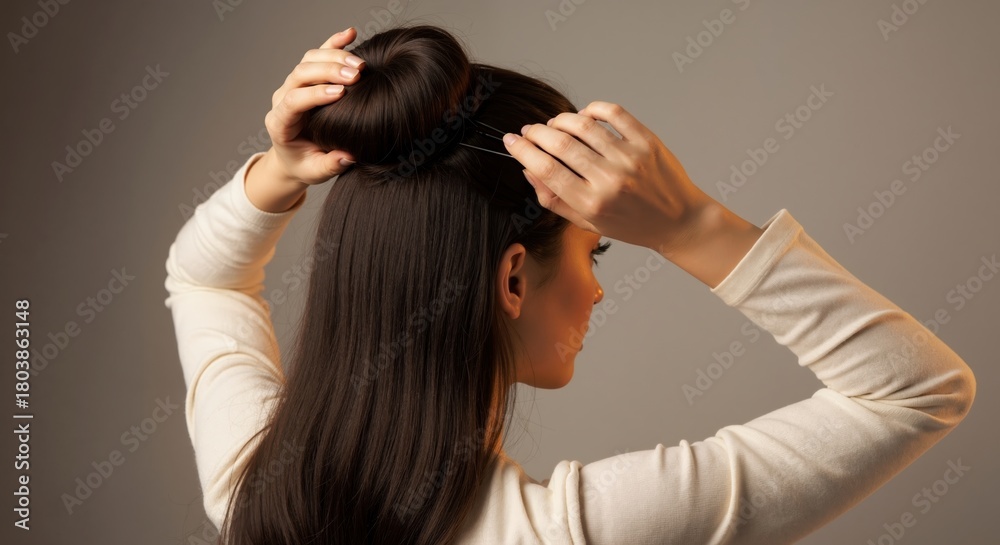 Naklejka premium Woman styling her long dark hair into a bun. Female creating an elegant updo with a hairpin. Hair care and beauty concept on a neutral background