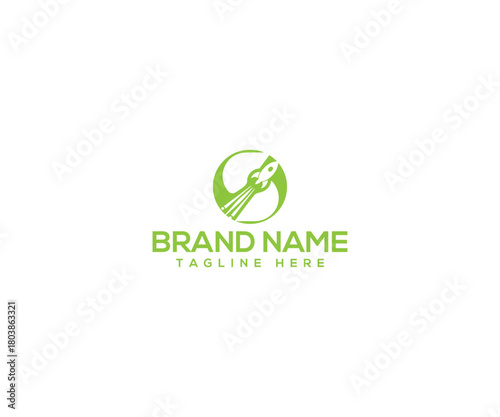 Rocket logo Design: A dynamic graphic, symbolizing innovation, progress, and forward momentum, as a stylized rocket blasts off, enclosed within a vibrant circle.