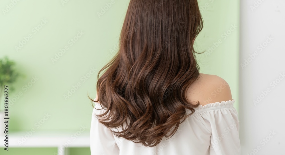 Naklejka premium Rear view of a woman with long, healthy brown wavy hair. Hair care and beauty salon concept. Brunette model with a voluminous hairstyle