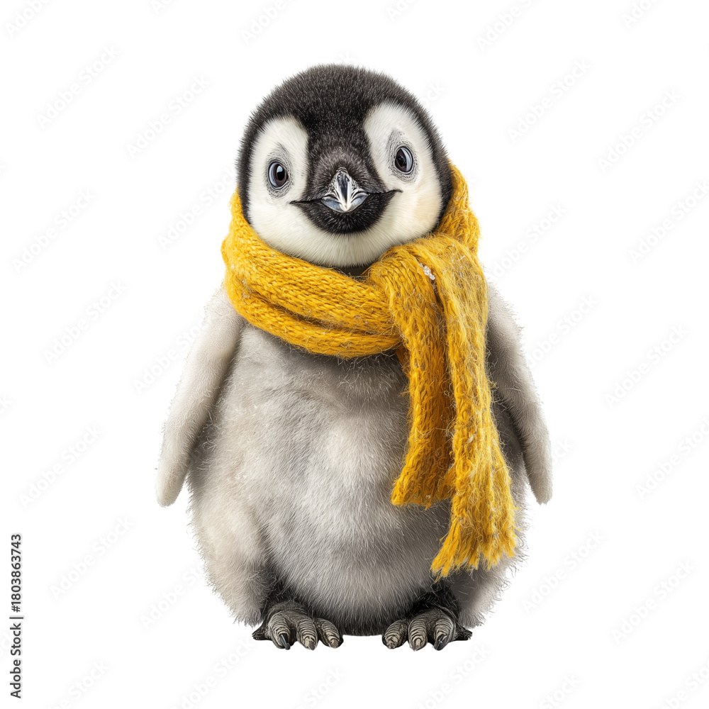 Fototapeta premium Adorable fluffy baby penguin wearing a warm yellow knitted scarf isolated on transparent background