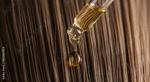 Dropper applying nourishing oil to smooth brown hair. Macro of a cosmetic serum drop for hair care treatment. Beauty and wellness concept