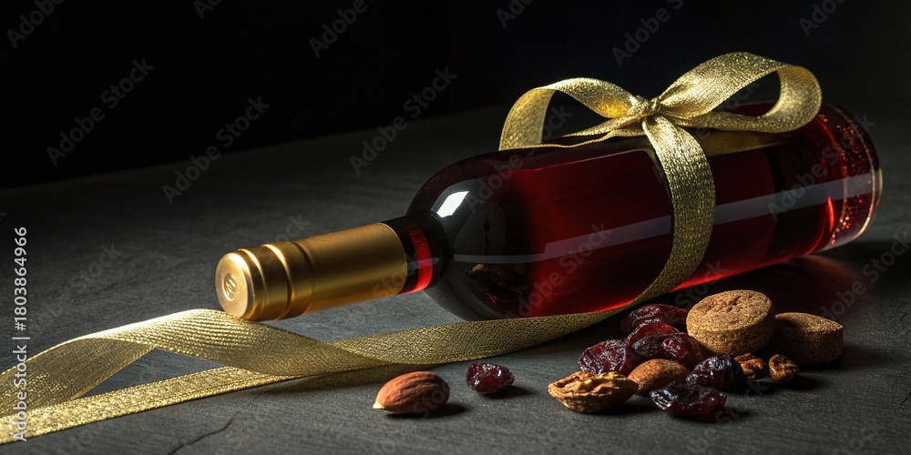 Fototapeta premium Elegant red wine bottle wrapped in a golden ribbon rests on a dark surface, surrounded by dried fruits and nuts
