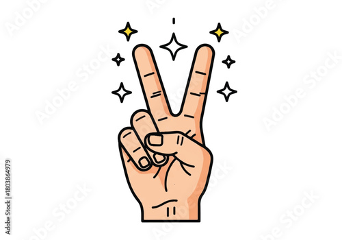 Playful hand gesture depicting a peace sign with two raised fingers and sparkling details.