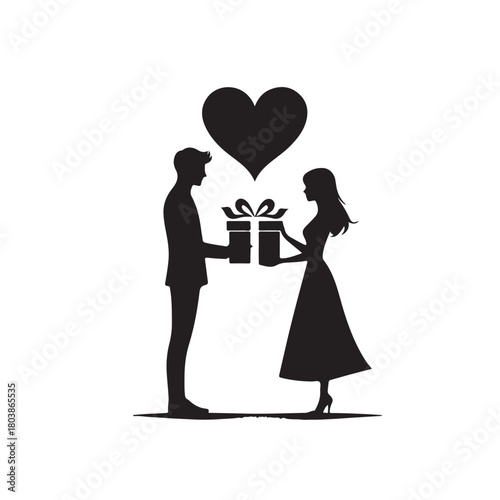 Couple exchanging a gift silhouette