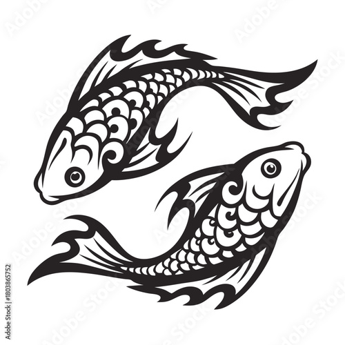Two stylized fish curve in opposite directions showcasing detailed scales and intricate fin shapes