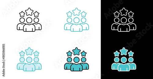Team rating stars icon for customer feedback and performance evaluation in line and fill style