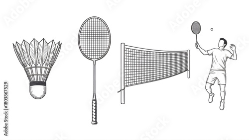 Badminton game equipment icons set for recreational sport