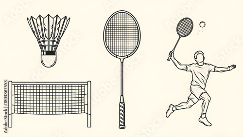 Dynamic illustration featuring essential badminton equipment like a racket, shuttlecock, and net, alongside an athlete engaged in active play, perfect for sports designs