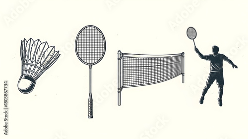 A conceptual collection of vintage-style badminton sport icons, including a racket, shuttlecock, net, and an athlete silhouette
