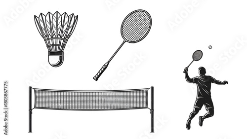 Badminton Sport Set Shuttlecock, Racket, Net, and Player Illustration