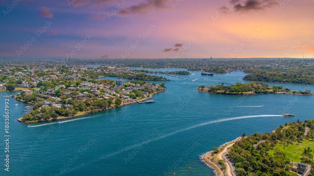 Fototapeta premium 18 November 2025 Panoramic night view of Sydney Harbour and City Skyline of NSW Australia beautiful colourful skies on a beautiful spring day