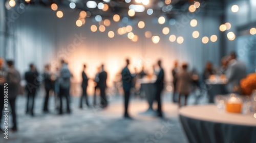 A team of event planners organizing a large event, blurred background. High quality