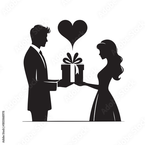 Couple exchanging a gift silhouette