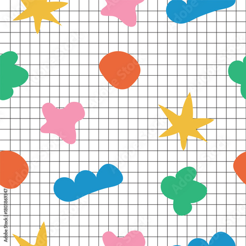 Playful abstract shapes vector pattern. Seamless background in collage style