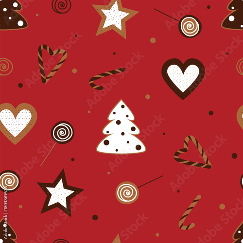 Seamless Christmas pattern with cookies and sweets on a red background, seamless New Year's pattern with gingerbread cookies and sweets