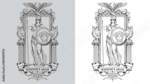 Wisdom's Aegis: Greek Goddess Athena with Medusa Shield and Owls