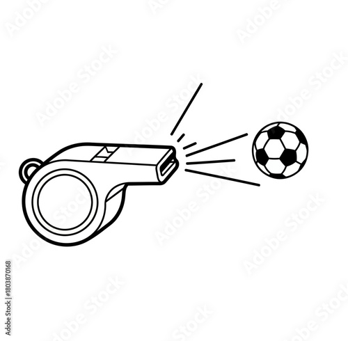 A line art icon of a referee whistle blowing musical notes towards a soccer ball, symbolizing the start of the game, fair play, or a sports event announcement.