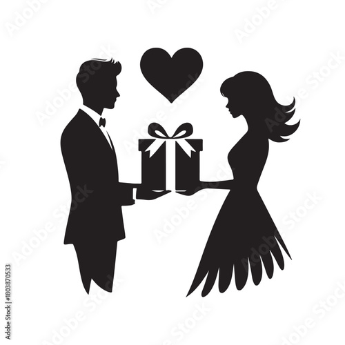 Couple exchanging a gift silhouette