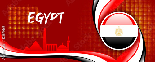 Egypt Flag with Map and Famous Landmarks in Red, White, and Black Abstract Background