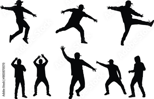 Urban street dancer silhouettes jumping and posing, energetic hip hop male figures performing dynamic moves, isolated black vector illustration