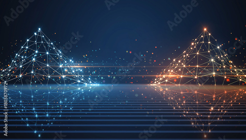 Two abstract glowing network mountains reflecting on a digital surface image photo