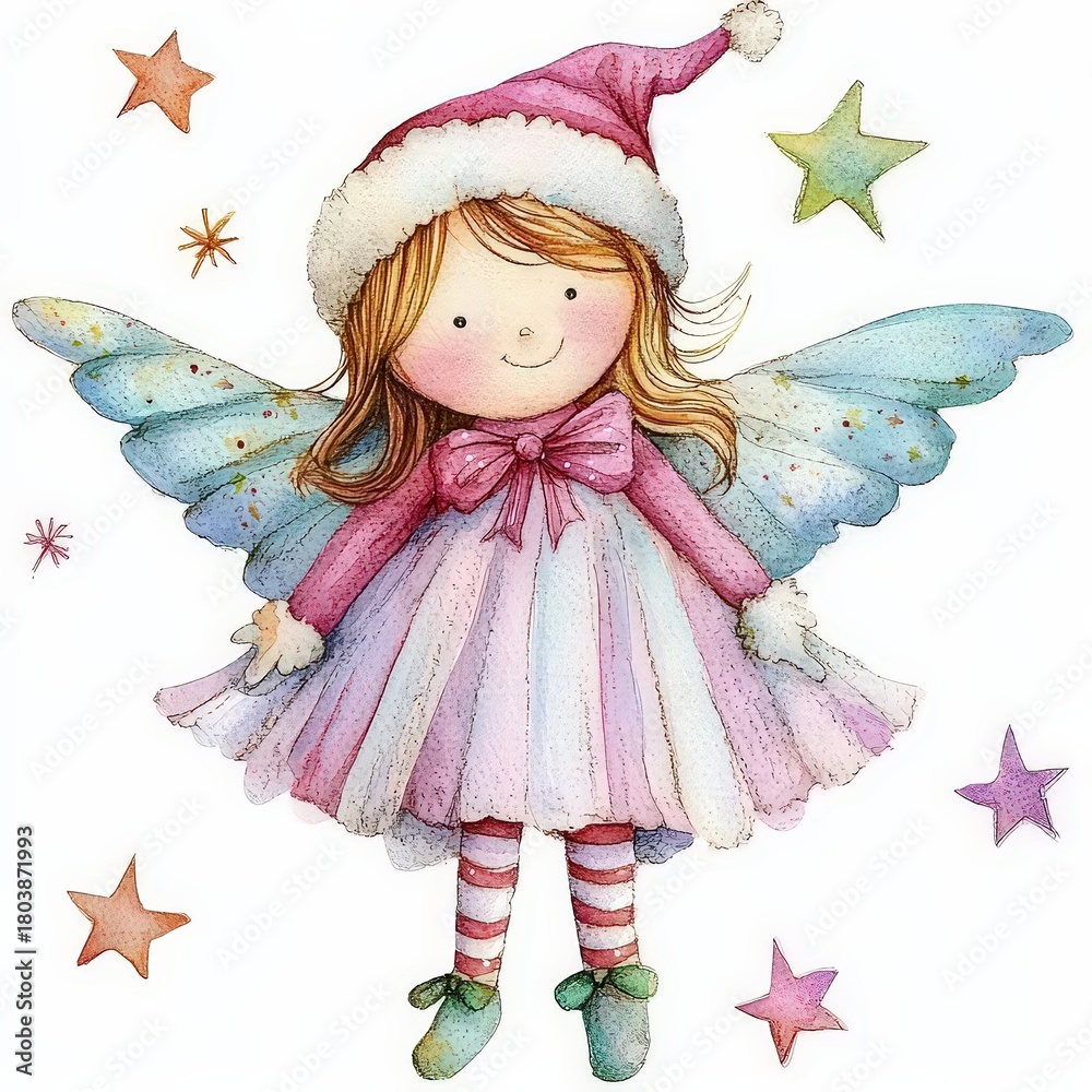 Fototapeta premium A simple children's drawing of an angel in a pink outfit on a white background. Clip art.