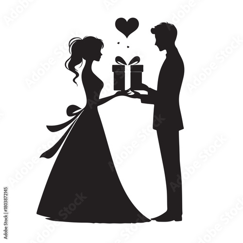 Couple exchanging a gift silhouette