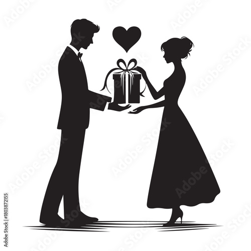 Couple exchanging a gift silhouette