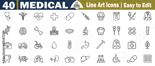 Set of 40 Medical Icons Linear Style Stethoscope, Caduceus, Heartbeat, Cross Capsule, Syringe, Tomography, Healthcare Report, Treatment, Intravenous, Surgeon Coat, DNA and more vector illustration. 
