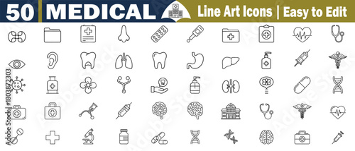 Set of Medical Line Art Icons Easy to Edit: Helix, Folder, Plus Sign, Nose, Pills, Thermometer, Eye, Ear, Tooth, Lungs, Stomach, Liver, Bottle, Syringe, Caduceus, Heartbeat and vector illustration. 