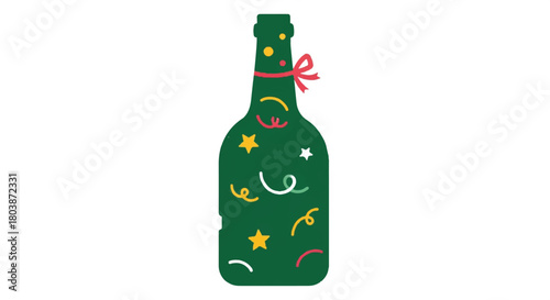 Festive green bottle with star motifs and ribbon decoration illustration.
