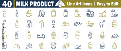 Set of 40 Milk Product Line Art Icons. Easy to Edit: Dairy, Drink, Food, Packaging, Cow, Bottle, Cream, Cheese, Butter, Ice Cream, Farm, Nutrition, Container, Grater, Liquid
