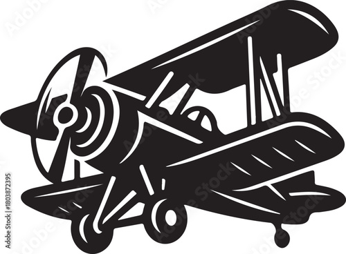Print black and white vector illustration of a biplane isolated on