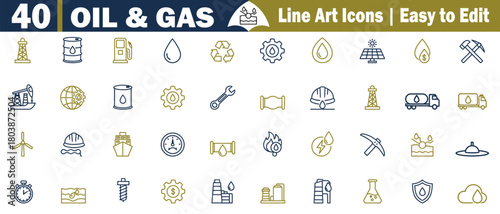Oil and Gas Line Icons: Industry, Energy, Fuel, Petroleum, Drilling, Refinery, Transportation, Power, Production, Resources, Exploration, Engineering, Supply, Technology vector illustration. 