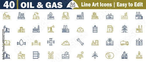 Oil and Gas Industry Line Icons Set Vector Illustration. Depicting Energy Production and Refining Processes in Modern Flat Design for Web, Apps, and Graphic Design elements. 