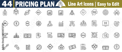 Pricing Plan Line Art Icons Set: Price Tag, Sale, Discount, Offer, Chart, Graph, Analytics, Strategy, Management, Checklist, Cost, Purchase Vector illustration. 
