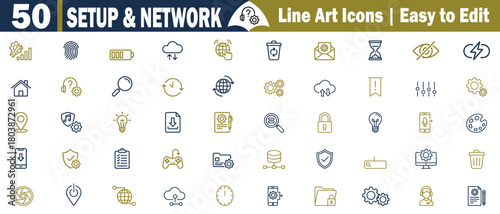 Fifty Creative Setup Network Icons. Collection Perfect for Tech Projects. Line Art Symbols for Connectivity Settings and Configuration Web Interface, and System Administration concept. 