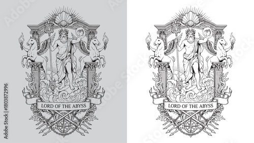 Lord of the Abyss: Poseidon with Trident and Winged Horses Emblem