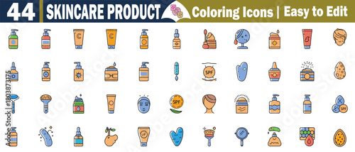 Skincare Product Icon Collection Vector Art: Cosmetic, Facial Treatments, Beauty Routine, Cleansing, Hydrating, Anti-Aging Items for Healthy Radiant Skin Isolated Design.