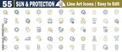 Sun Protection Line Art Icons: UV Defense, Skincare, Sunscreen, Safety, Shield, Dermatology, Prevention, Healthcare, Cosmetics Symbols Vector Set.