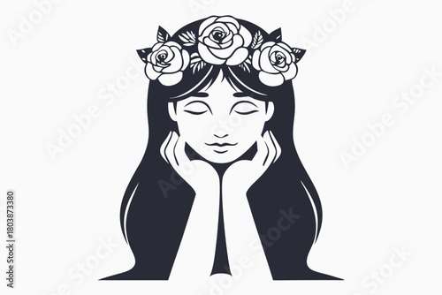 Woman with long hair and flower crown rests face in her hands peacefully