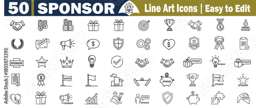 Sponsor Line Art Icons: Partnership, Support, Donation, Funding, Assistance, Contribution, Collaboration, Charity, Aid Symbols Vector Set.