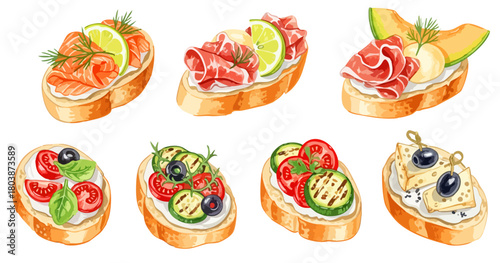 ブルスケッタとオープンサンドのセット（生ハム・サーモン・カプレーゼ風）,イタリアン,前菜,軽食,水彩,リアル